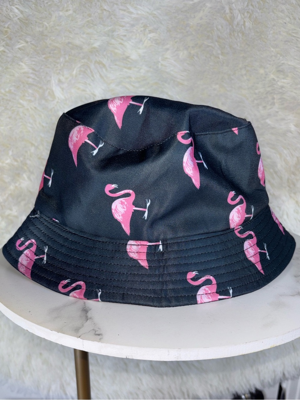 Black Bucket Hat with Pink Flamingo Print